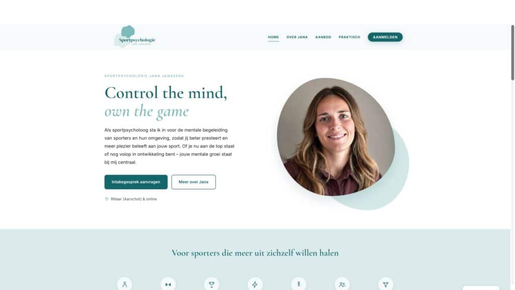Screenshot van de website van Jana Janssens Sportpsycholoog